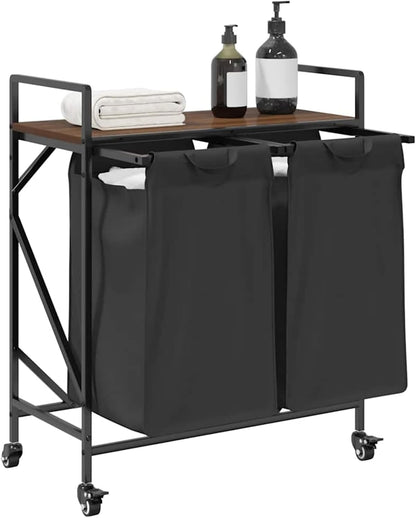 Wasmmand – Wasbak – Wascontainer – Waschmand – Wasbox – 3 Compartimenten – Sonoma Eikenhouten Plank – Uitneembare Waszakken – Wieltjes Met Rem - QUORE