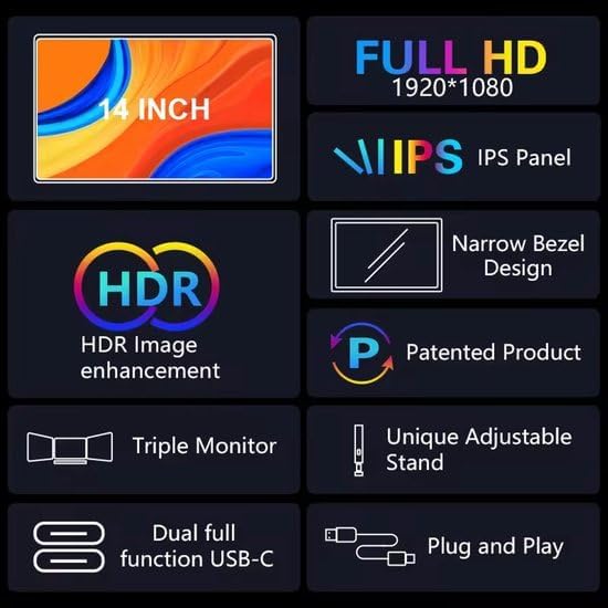 Lipa HDR-75 Triple Portable monitor Full HD - Extra monitor laptop - Tri-screen- Triple monitor - 1 Cable model also for Macbooks and Windows - Plug & Play - For screens between 14 and 17.3 inch - QUORE