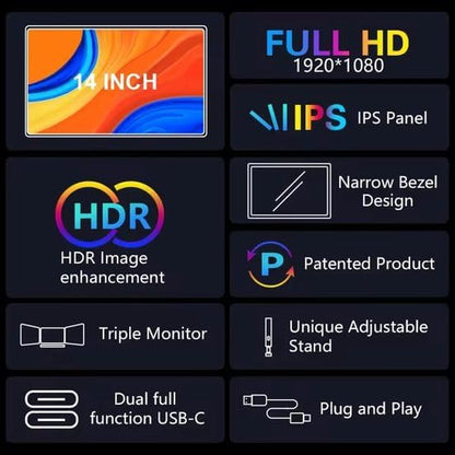 Lipa HDR-75 Triple Portable monitor Full HD - Extra monitor laptop - Tri-screen- Triple monitor - 1 Cable model also for Macbooks and Windows - Plug & Play - For screens between 14 and 17.3 inch - QUORE