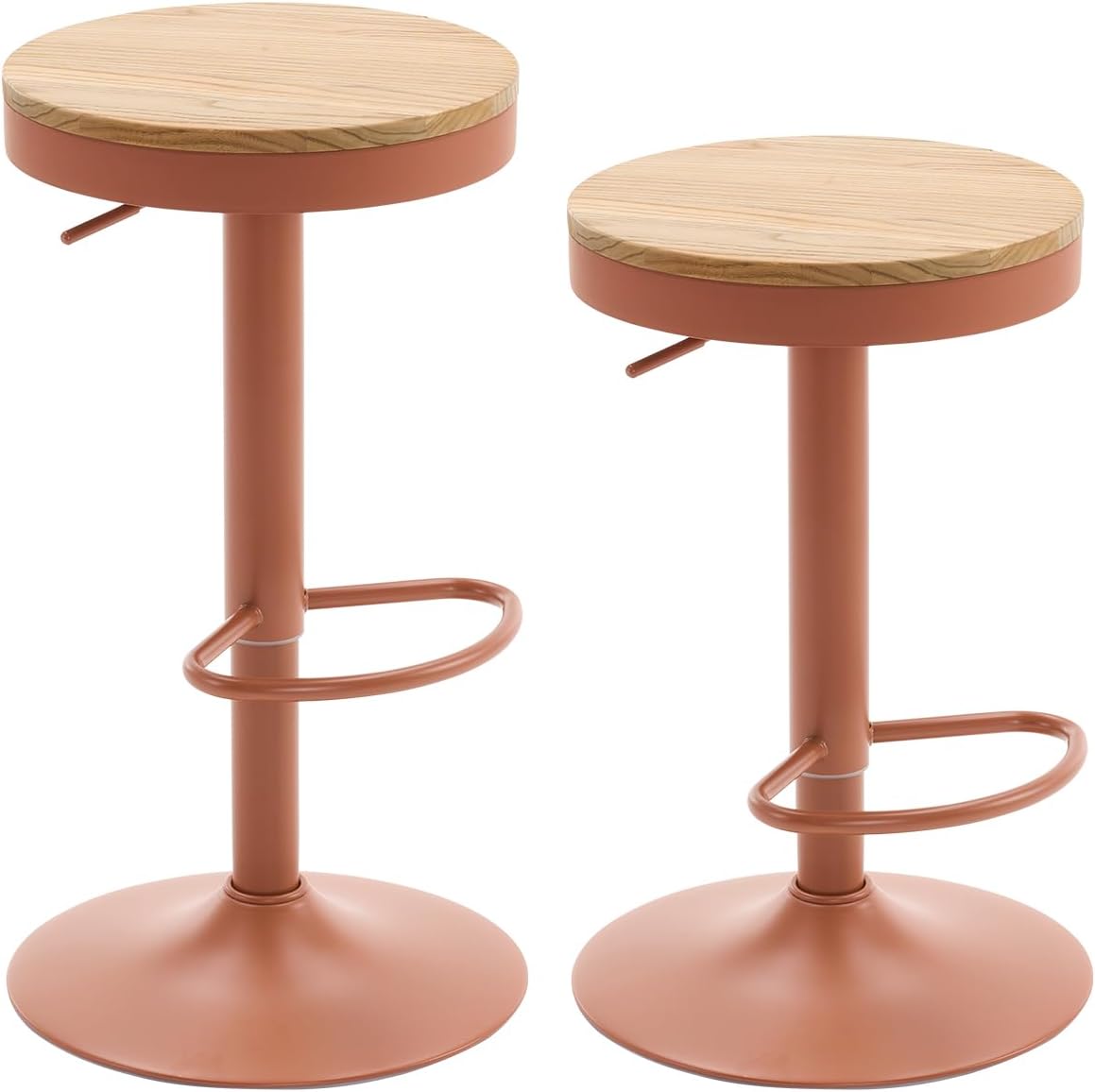 YOUNIKE Barkruk, set van 2, hout, in hoogte verstelbaar, draaibaar, barkruk, keukenkruk, hoogte barstoelen met voetensteun, voor bar, keuken, draaikruk van massief metaal, terracotta