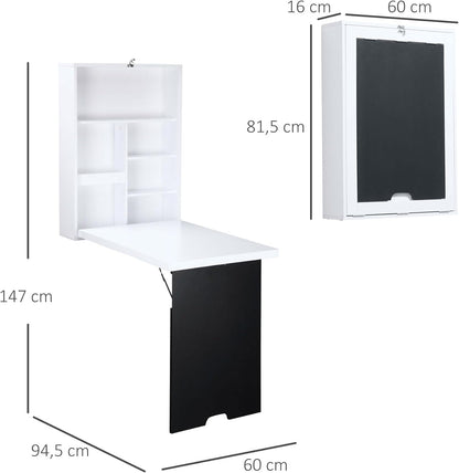 Muurtafel – Wandtafel – Klaptafel – Bureau – Eettafel – Met Whiteboard – Ruimtebesparend Design – MDF Wit 88,5x60x146,5 cm