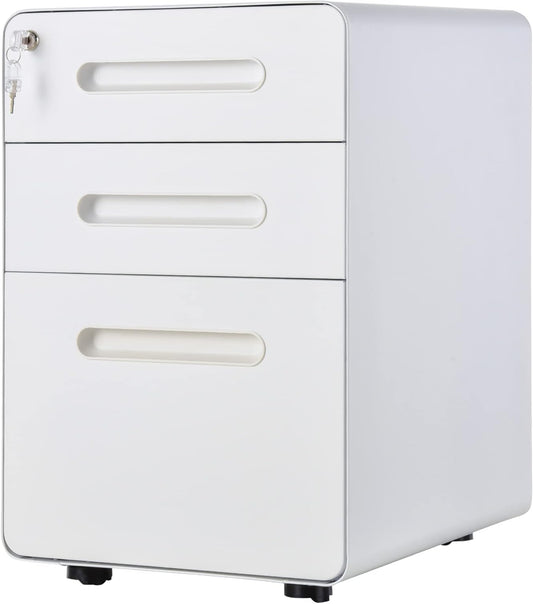 Vinsetto Roll Container with 3 Drawers, Mobile Filing Cabinet with Wheels, Lockable, Office Cabinet with Hanging Files, Pen Compartment, Desk Container, Desk, Base Cabinet for Office, 39 x 48 x 59 cm, White - QUORE