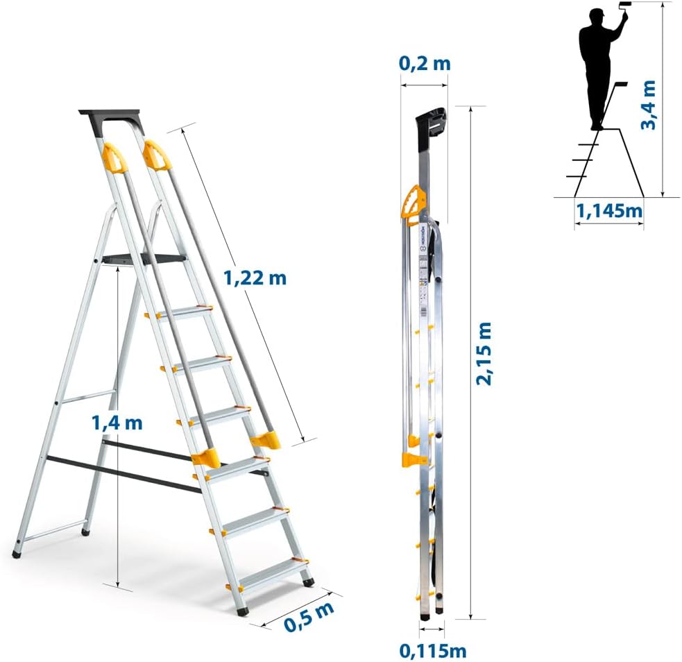 DURAMP veilige trapladder met 7 treden, met hellingen, gereedschapshouder, inklapbaar, aluminium, platformhoogte 140 cm, 5 jaar garantie Hoström