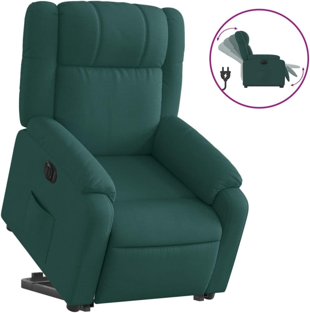 Relaxstoel Met Opstahulp – Elektrische Relaxstoel – TV-Stoel – Ligstoel – Relaxfauteuil – Elektrisch Kantelsysteem – Donkergroene Stof – Automatische Ligfunctie tot 135 Graden