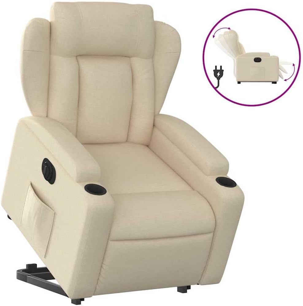 Relaxstoel Met Opstahulp – Elektrische Relaxstoel – Tv-Stoel – Ligstoel – Stoel Voor Woonkamer – Crèmestof Bekleding – Elektrisch Kantelsysteem – Maximaal Kantelen 135 Graden