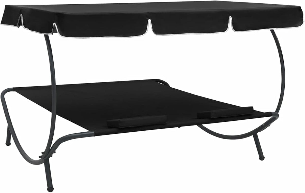 Gecheer Outdoor Sun Lounger with Awning and Cushion Black Outdoor Sunbathing Beach Lounger Relaxation Camping Balcony Pool - QUORE