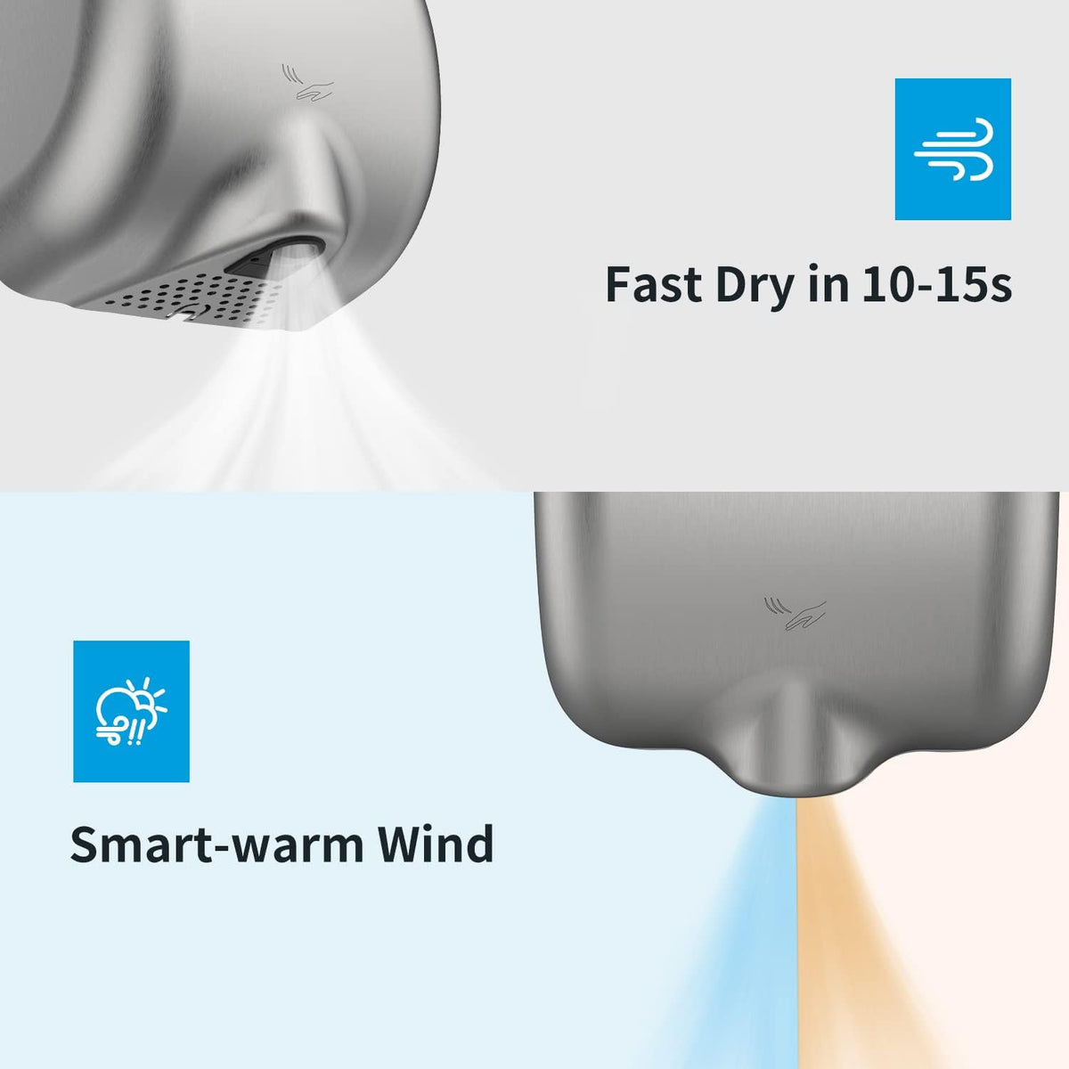 Handdroger – Elektrische Handdroger – Automatische Handdroger – Sneldrogende Handdroger – Wandhanddroger – Geborsteld Roestvrij Staal – Sneldrogend 8-12 Sec – Krachtige 1400-1650 W