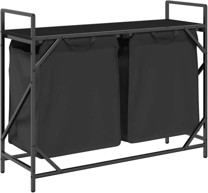 Wasmand – Laundry Basket – Wasbox – Wasopberger – Waszakken – Met Twee Compartimenten – Bovenste Opbergrek – Zwart Stalen Frame – Eiken Houtlook