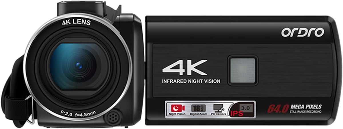ORDRO Z36 4K/30fps camcorder, 64MP vlogging camera met 18x digitale zoom, led-fill light, 3,0 inch scherm, IR nachtzicht, vlogging camera voor YouTube
