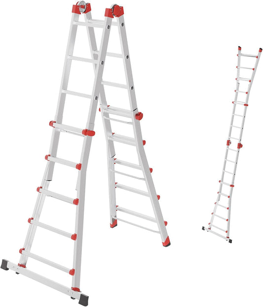 Hailo M80 Multifunctionele aluminium ladder, 4 x 5 sporten, belastbaar tot 150 kg, veiligheidsgewrichten en vergrendelingen, in hoogte verstelbaar, multifunctionele ladder, roestvrij staal, zilver