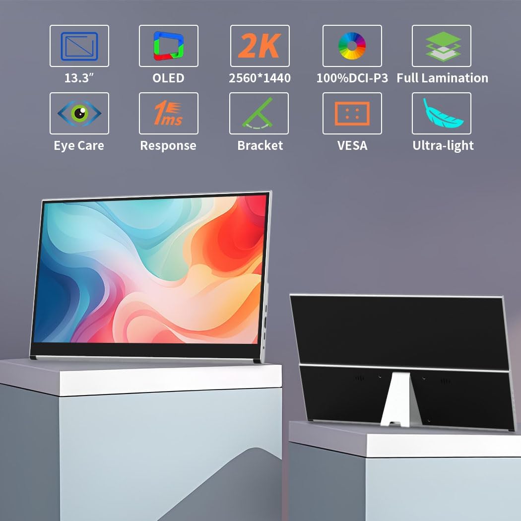 OLED Monitor, Portable, 13.3 Inches, 2K 2560 x 1440, Portable Touchscreen, Eye Care (OLED 2560 x 1440 Touch, 13.3 Inch) - QUORE