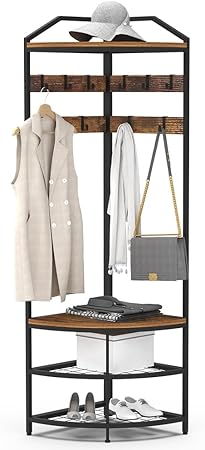 VEDECASA Coat Rack Metal Corner Wardrobe, Hallway Tree, Freestanding Clothes Rack with 12 Movable Hooks and Storage Rack for Hallway, Living Room, Bedroom, Office, Hallway, Entrance - QUORE