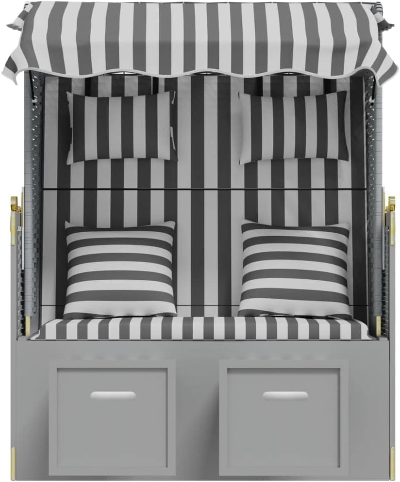 vidaXL Beach Chair with Cushions Poly Rattan and Solid Wood Grey White, Beach Corb, Beach Sofa, Lounger, Seating Chair, Beach Furniture, Beach Corbs, Seating Chairs - QUORE