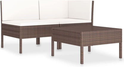 vidaXL Lounge Set 3-Piece with Cushions Garden Set Furniture Set Garden Garden Furniture Set Chair Table Lounge Furniture Outdoor Set Balcony Set Poly Rattan Brown - QUORE