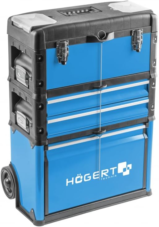 HÖGERT Technik Gereedschapskist - 3-delig, modulair, mobiele servicekast met laden, 45 kg capaciteit, geïntegreerde wielen en telescopische handgreep, ideaal voor onderhoudsdiensten, werkplaatsen en
