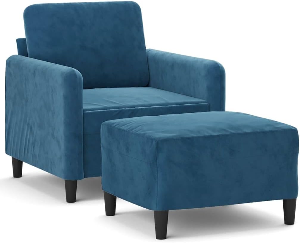 Armchair with ottoman, blue, 60 cm, velvet upholstery, comfortable reclining chair and footstool with robust frame for living room, modern design, durable velour