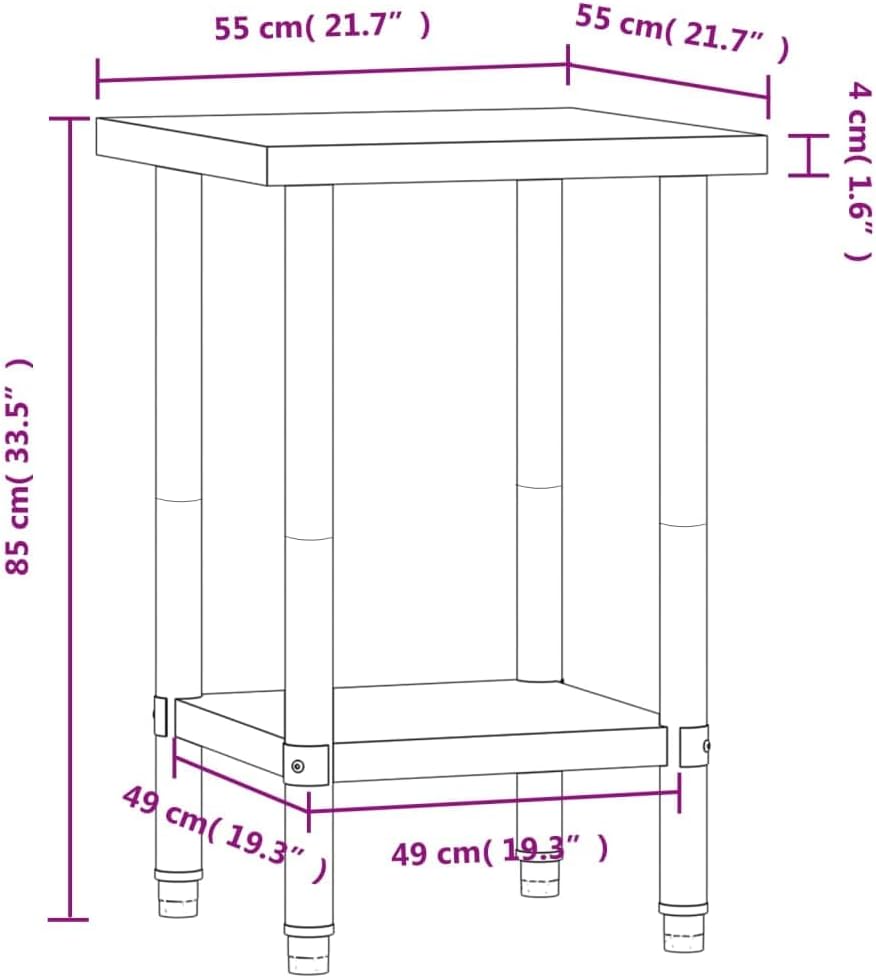 vidaXL Keukenwerktafel 55x55x85 cm roestvrij staal, werktafel keuken, keuken werktafel, keuken werk tafel, werkbank keuken, keuken werkbank - QUORE