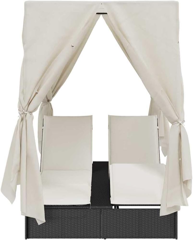 vidaXL Lounger 2-person with roof and curtains poly rattan black - QUORE