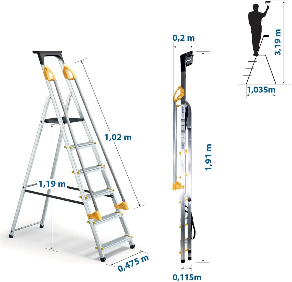 HOSTROM Veilige trapladder met 6 treden met hellingen, gereedschapshouder, inklapbaar, aluminium, platformhoogte 119 cm,