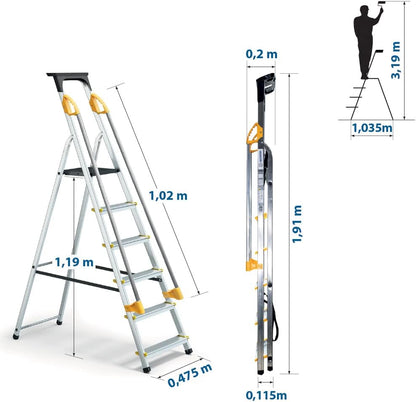 HOSTROM Veilige trapladder met 6 treden met hellingen, gereedschapshouder, inklapbaar, aluminium, platformhoogte 119 cm,