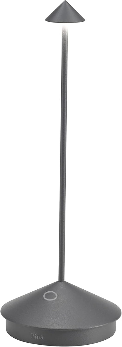 Zafferano Pina Pro, oplaadbare draadloze LED tafellamp, dimmer touch 2700K, IP54 binnen/buiten gebruik, lange levensduur van de batterij, aluminium behuizing, H29cm - Donkergrijs