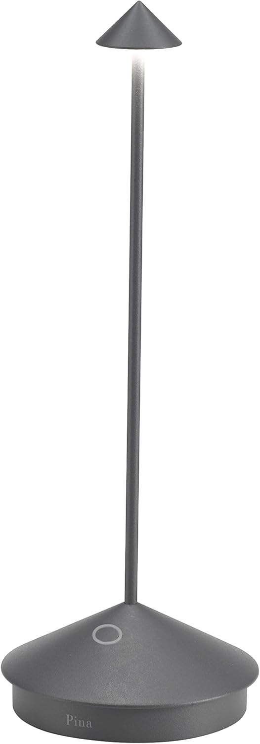 Zafferano Pina Pro, oplaadbare draadloze LED tafellamp, dimmer touch 2700K, IP54 binnen/buiten gebruik, lange levensduur van de batterij, aluminium behuizing, H29cm - Donkergrijs