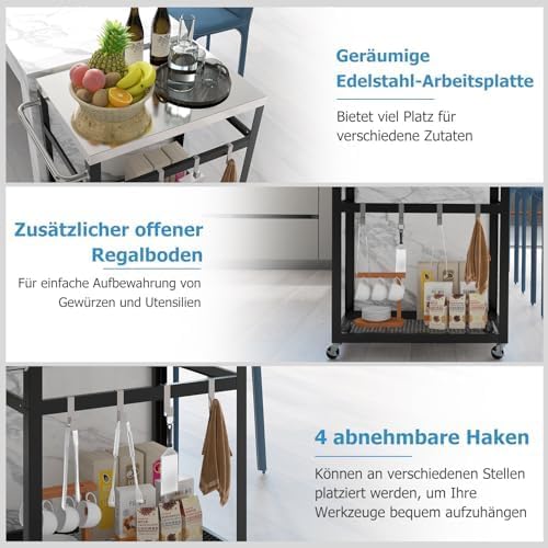 Grilltafel voor buiten, serveerwagen met 2 planken, 4 wielen, handvat en 4 haken, pizzatafel, bijzettafel, grillwagen voor achtertuin, terras (2 planken)