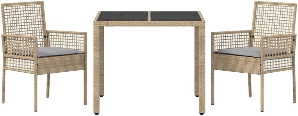 vidaXL Tuin eettafelset 3 pcs Beige poly rattan, Tuin en Terras, Modern Buiten Eetset, Stevige Poly Rattan meubels, Glazen Tafel, Lounge Groep, Zitplekken - QUORE