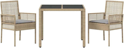 vidaXL Tuin eettafelset 3 pcs Beige poly rattan, Tuin en Terras, Modern Buiten Eetset, Stevige Poly Rattan meubels, Glazen Tafel, Lounge Groep, Zitplekken - QUORE