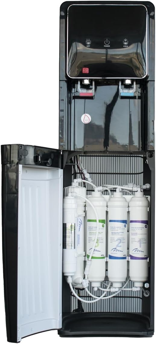 5-traps omgekeerde osmose-waterfontein model: eco-standaard Black Cooler RO 2T standaard inline filter, afgifte van koud en natuurlijk of koud en warm water.