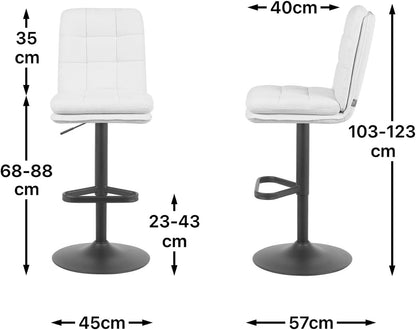 DUBI Möbel Enno Bar Stool – Double Cushions & Padded Backrest – Continuously Adjustable Height – Black Matte Dish Base with Triangular Footrest – Woven Fabric Cream - QUORE