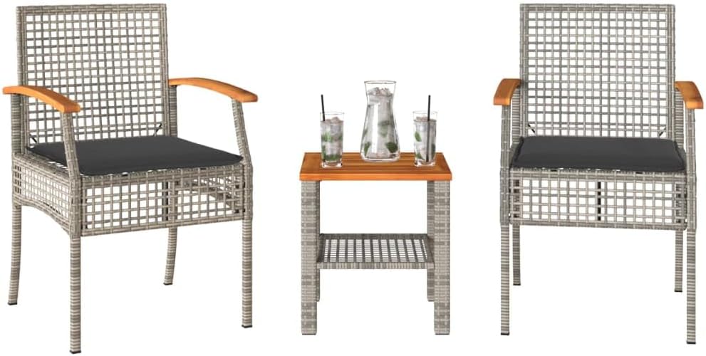 vidaXL 3-Piece Bistro Set with Cushions Poly Rattan and Acacia Wood Grey, Lounge Set, Garden Lounge Set, Outdoor Lounge Set, Garden Set, Patio Set, Garden Set Lounge - QUORE