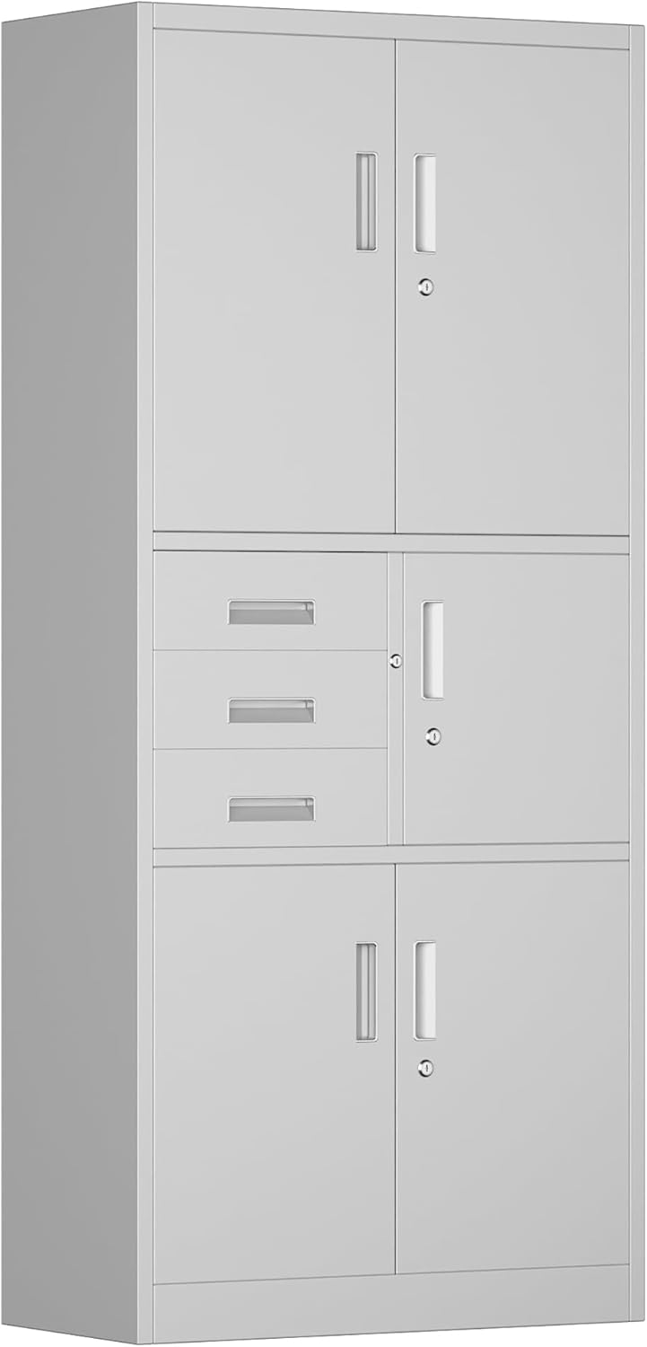 Filing cabinet, metal cabinet with three drawers, magazine cabinets, sheet steel powder coating, steel cabinet for tools, office, 180 x 80 x 40 cm (white - QUORE