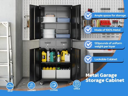 180 cm archiefkast, metalen garage-opbergkast met 4 wielen en 2 laden, opbergkast voor rolgereedschap met vergrendelingsdeuren en verstelbare planken, heavy duty stalen gereedschapskast (zwart)