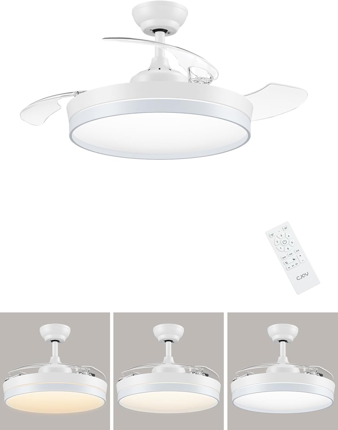 CJOY Plafondventilator met licht, 107 cm, plafondventilator met 3 intrekbare messen, plafondventilator, stil, omkeerbaar, zomer en winter, 6 snelheden, timing, 3 kleurtemperaturen