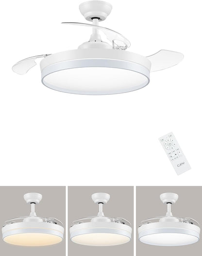 CJOY Plafondventilator met licht, 107 cm, plafondventilator met 3 intrekbare messen, plafondventilator, stil, omkeerbaar, zomer en winter, 6 snelheden, timing, 3 kleurtemperaturen