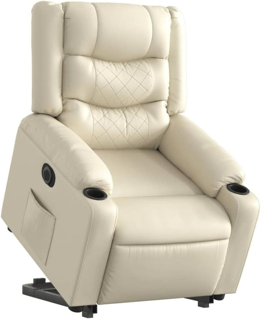Elektrische Sta-Opstoel – Liftstoel – Relaxfauteuil – Verstelbare Relaxstoel – Comfortabele Seniorenstoel – Elektrische Verstelbare Rug- en Voetsteun – Crème Kunstleer Met Zijvak