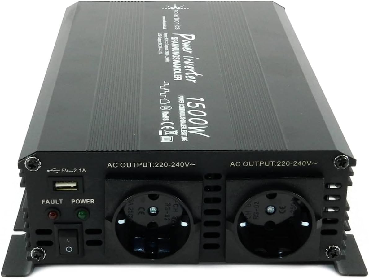 SOLARTRONICS Spanningsomvormer NM1500 12V 1500 Watt ZWART - 3000 Watt piekvermogen - omvormer 12 V naar 230 V - LifePO4 / lithium, lood- of AGM-batterij compatibel - met Schuko- en USB-aansluiting