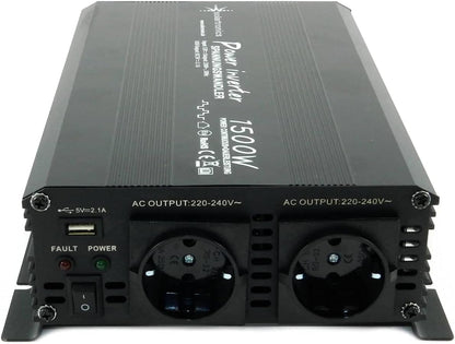 SOLARTRONICS Spanningsomvormer NM1500 12V 1500 Watt ZWART - 3000 Watt piekvermogen - omvormer 12 V naar 230 V - LifePO4 / lithium, lood- of AGM-batterij compatibel - met Schuko- en USB-aansluiting