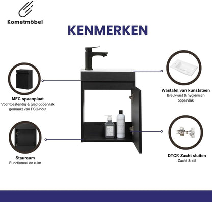 Gasten-wc wastafel set badkamermeubel, voorgemonteerd, kleine wastafel met onderkast (Zwart 40cm, Zonder kraan)