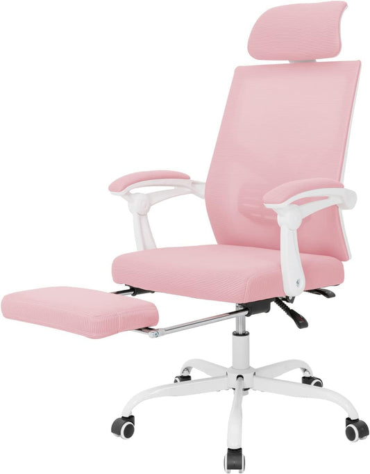 Ergonomische Bureaustoel – Kantoorkruk – Werkstoel – Bureaustoel Met Voetensteun – Draaistoel Roze – Verstelbare Rugleuning 90-135° – Ademend Meshmateriaal