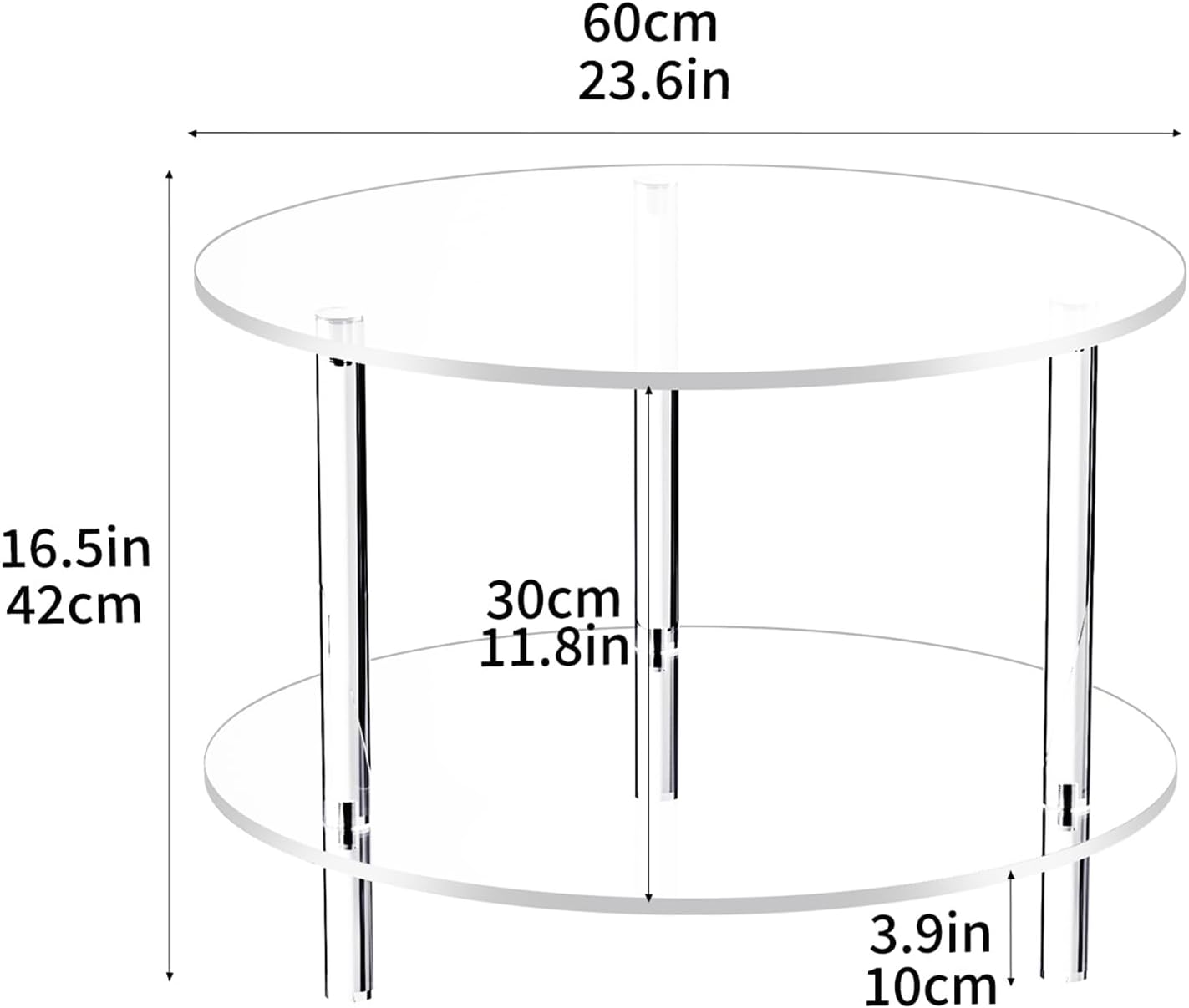 Acryl salontafel voor woonkamer, rond, Lucite tafel met open opbergrek, doorzichtig