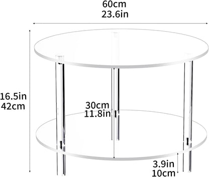 Acryl salontafel voor woonkamer, rond, Lucite tafel met open opbergrek, doorzichtig