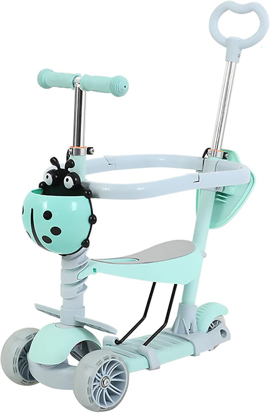 Vijf-in-one pedaal scooter voor jongens en meisjes, 3-wiel kinderen trolley, peuter scooter met drie versnellingen verstelbare hoogte,multi-colored led-verlichting wielen,Green