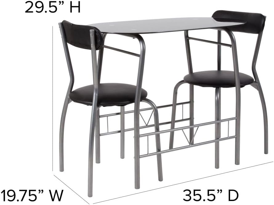 Flash Furniture Glazen eettafel en stoelen, metaal, zwart, 3-delige set
