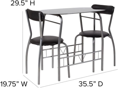 Flash Furniture Glazen eettafel en stoelen, metaal, zwart, 3-delige set