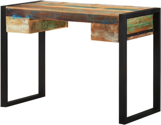 Bureau – Werktafel – Computertafel – Schrijftafel – Kantoorbureau – Massief Gerecycled Hout – Stevig Stalen Frame – Twee Lades – Multicolor
