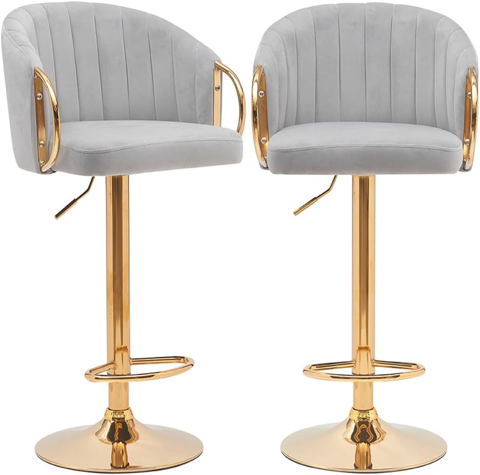 BAKAJI Set van 2 keukenkrukken met verstelbare hoogte en stoffen bekleding, barstoelen, restaurants, met gouden frame en voetensteun, draaibare kruk, gewatteerde comfortabele rugleuning (grijs)