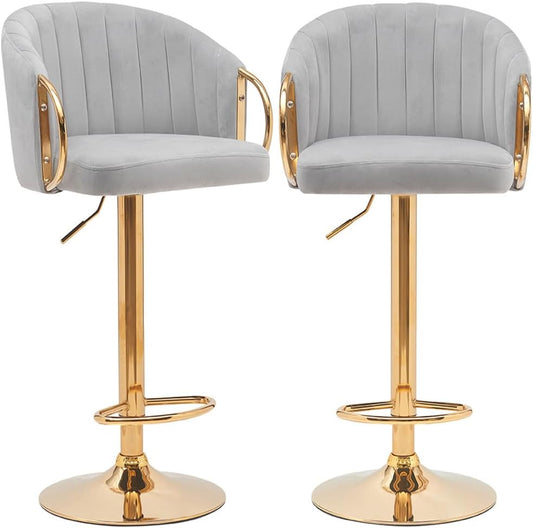 BAKAJI Set van 2 keukenkrukken met verstelbare hoogte en stoffen bekleding, barstoelen, restaurants, met gouden frame en voetensteun, draaibare kruk, gewatteerde comfortabele rugleuning (grijs)