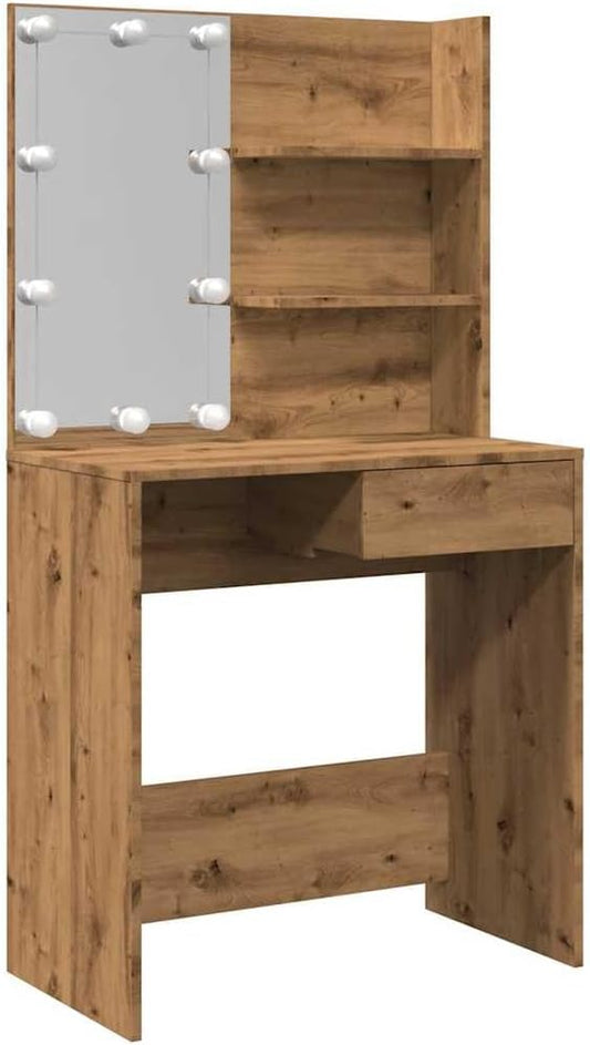 vidaXL Asymmetrical Dressing Table with LED Lights - High Gloss White Finish - Designed Wooden Dressing Table with Drawer and Shelf - Bedroom Furniture